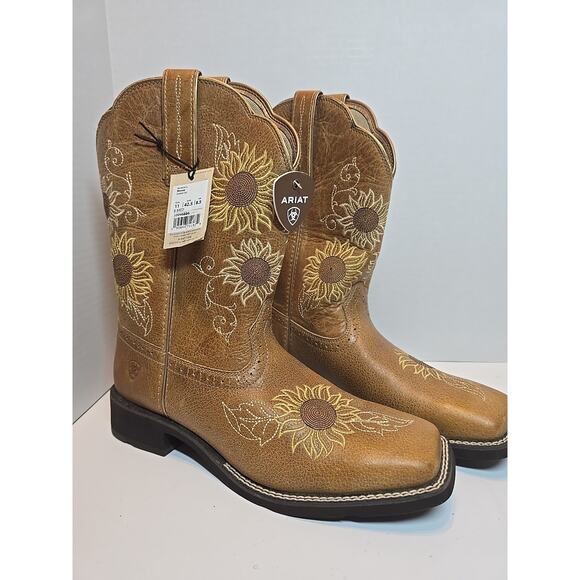 Size 11 Women's Ariat Leather Blossom Western Boot Sunflower Floral stitching - Picture 1 of 15